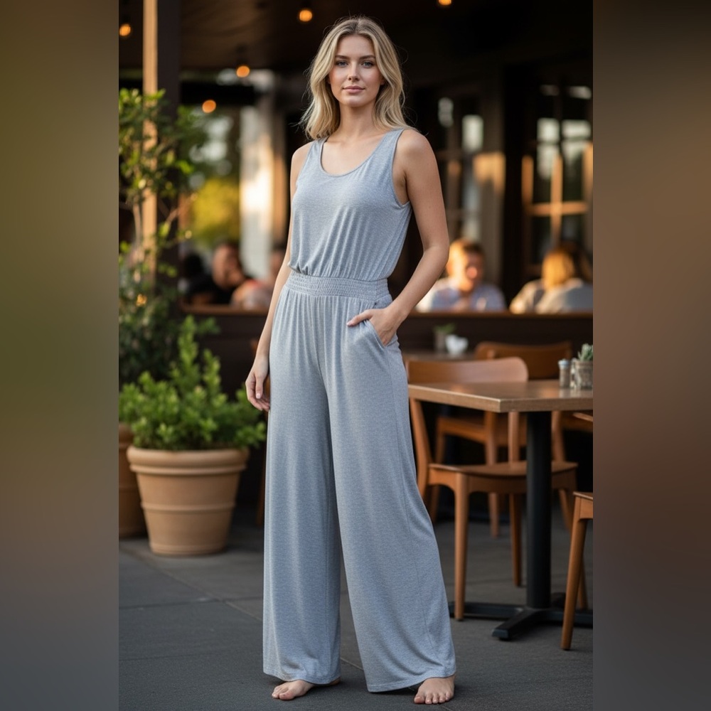 NWOT GAP Heather Gray Elastic Waistband Jumpsuit Pockets Gray XL